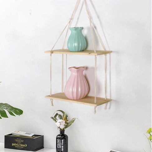 2 Tier Boho Macrame Wall Hanging Shelves, Rustic Farmhouse Wood Floating Shelf Wall Décor for Bathroom Bedroom Living Room in Saudi Arabia