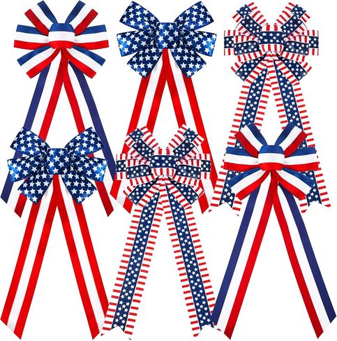 6 Pcs 4th of July Patriotic Wreath Bow Red White Blue Stripe Star Bow American Flag Bunting Bows Memorial Day Decoration for Indoor Outdoor Holiday Independence Day Decorations in Saudi Arabia