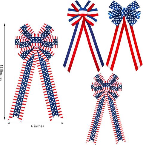 6 Pcs 4th of July Patriotic Wreath Bow Red White Blue Stripe Star Bow American Flag Bunting Bows Memorial Day Decoration for Indoor Outdoor Holiday Independence Day Decorations in Saudi Arabia