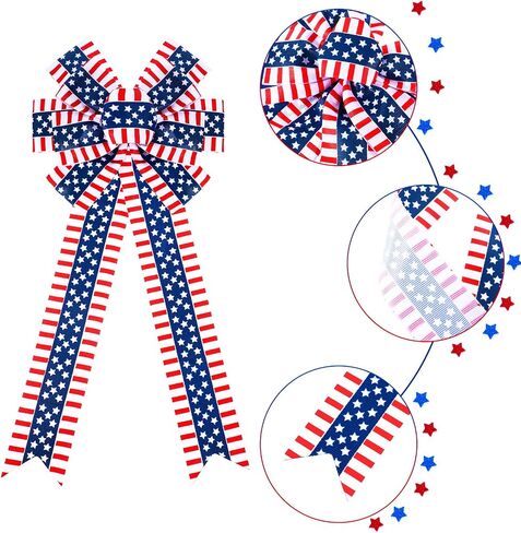 6 Pcs 4th of July Patriotic Wreath Bow Red White Blue Stripe Star Bow American Flag Bunting Bows Memorial Day Decoration for Indoor Outdoor Holiday Independence Day Decorations in Saudi Arabia