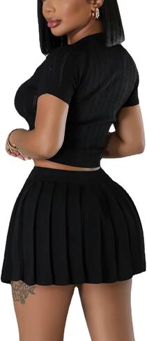 Women's Short Sleeve Button Down top Sexy Tight Mini Pleated Casual Cropped Dress Knitted Stretch Suit in Saudi Arabia