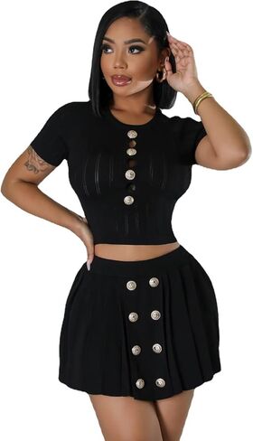 Women's Short Sleeve Button Down top Sexy Tight Mini Pleated Casual Cropped Dress Knitted Stretch Suit in Saudi Arabia