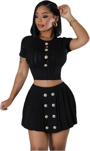 Women's Short Sleeve Button Down top Sexy Tight Mini Pleated Casual Cropped Dress Knitted Stretch Suit in Saudi Arabia