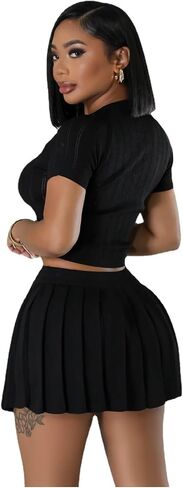 Women's Short Sleeve Button Down top Sexy Tight Mini Pleated Casual Cropped Dress Knitted Stretch Suit in Saudi Arabia