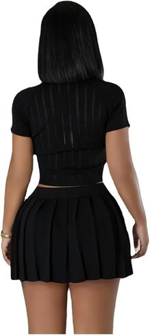 Women's Short Sleeve Button Down top Sexy Tight Mini Pleated Casual Cropped Dress Knitted Stretch Suit in Saudi Arabia