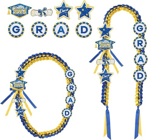 Graduation Lei, with 8 Decorations Pins Braided Graduation Necklace Garland Ribbon Lei for Grad Class of 2024 Him Her High School College Graduation Party Ceremony Gift (Blue Gold) in Saudi Arabia