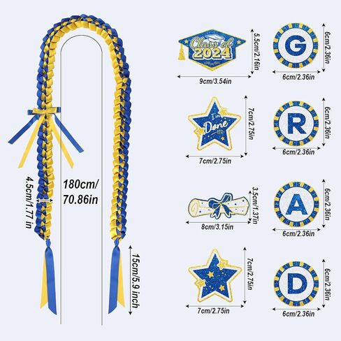Graduation Lei, with 8 Decorations Pins Braided Graduation Necklace Garland Ribbon Lei for Grad Class of 2024 Him Her High School College Graduation Party Ceremony Gift (Blue Gold) in Saudi Arabia