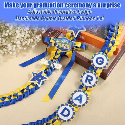 Graduation Lei, with 8 Decorations Pins Braided Graduation Necklace Garland Ribbon Lei for Grad Class of 2024 Him Her High School College Graduation Party Ceremony Gift (Blue Gold) in Saudi Arabia