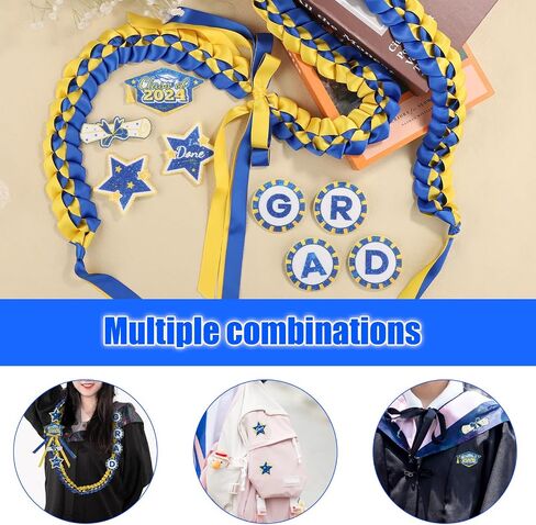 Graduation Lei, with 8 Decorations Pins Braided Graduation Necklace Garland Ribbon Lei for Grad Class of 2024 Him Her High School College Graduation Party Ceremony Gift (Blue Gold) in Saudi Arabia