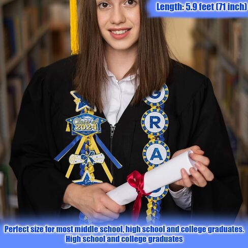 Graduation Lei, with 8 Decorations Pins Braided Graduation Necklace Garland Ribbon Lei for Grad Class of 2024 Him Her High School College Graduation Party Ceremony Gift (Blue Gold) in Saudi Arabia
