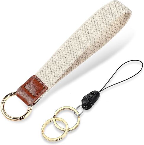 Key Wristlet with Lanyard - Tranquil Beige Key Chain Holder Stretchy Woven Keychain Wristlet Strap for Car Keys Id Badges Card Wallet, Stylish Accessory for Women and Men in Saudi Arabia