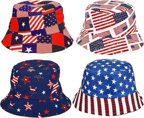 Zhanmai 4 Pcs American Flag Bucket Hat Beach Fisherman Hats Double Side Patriotic Bucket Hat Independence Day Fishing Hat for Women Teens Travel Summer Outdoor in Saudi Arabia