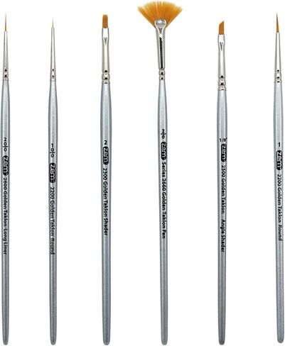 ZEM Brush Golden Taklon Mini (Tiny) مجموعة فرش التفاصيل بمروحة 2/0، بطانة 20/0، مسطحة 2، تفاصيل 10/0، 1، زاوية 1/8 بوصة in Kuwait