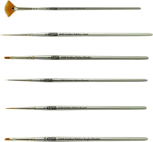 ZEM Brush Golden Taklon Mini (Tiny) مجموعة فرش التفاصيل بمروحة 2/0، بطانة 20/0، مسطحة 2، تفاصيل 10/0، 1، زاوية 1/8 بوصة in Kuwait