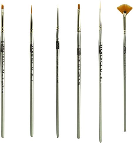 ZEM Brush Golden Taklon Mini (Tiny) مجموعة فرش التفاصيل بمروحة 2/0، بطانة 20/0، مسطحة 2، تفاصيل 10/0، 1، زاوية 1/8 بوصة in Kuwait