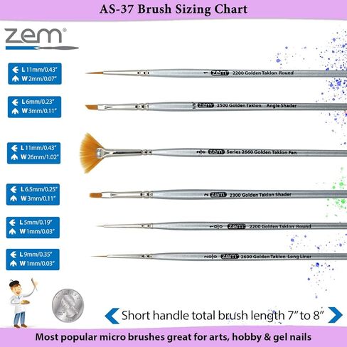 ZEM Brush Golden Taklon Mini (Tiny) مجموعة فرش التفاصيل بمروحة 2/0، بطانة 20/0، مسطحة 2، تفاصيل 10/0، 1، زاوية 1/8 بوصة in Kuwait