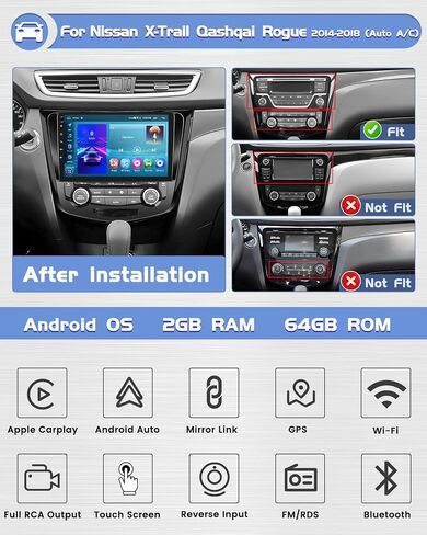 Roinvou 2+64G Android CarPlay Stereo for Nissan X-Trail Qashqai Rogue 2014-2018 (Auto A/C), Built-in Wireless CarPlay with Android Auto, 10.1'' Touch Screen in-Dash GPS Navi Support Mirror Link WiFi in Saudi Arabia