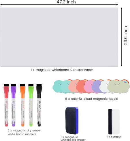 مجموعة ورق الاتصال بالسبورة البيضاء المغناطيسية، 47.2 بوصة × 23.6 بوصة، لوحة بيضاء كبيرة قابلة للتقشير والعصا للمسح الجاف للثلاجة والجدار، ملصق سبورة بيضاء قابل للإزالة مع ملصقات مغناطيسية in Kuwait