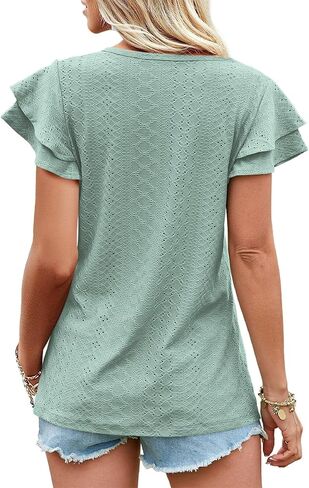 Amoretu Womens Summer Tops V Neck Ruffle Short Sleeve T Shirts Eyelet Loose Fit in Saudi Arabia