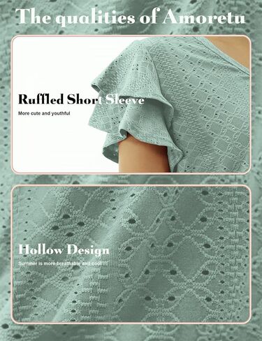 Amoretu Womens Summer Tops V Neck Ruffle Short Sleeve T Shirts Eyelet Loose Fit in Saudi Arabia