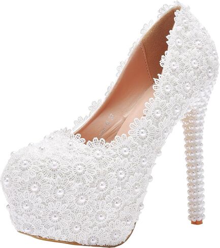 الدانتيل الأبيض أحذية الزفاف الزفاف الكعب رقيقة جولة اصبع القدم منصة مضخات الدانتيل الأبيض أحذية الزفاف أحذية عالية الكعب in Kuwait