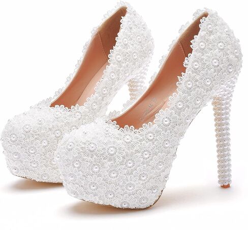 الدانتيل الأبيض أحذية الزفاف الزفاف الكعب رقيقة جولة اصبع القدم منصة مضخات الدانتيل الأبيض أحذية الزفاف أحذية عالية الكعب in Kuwait