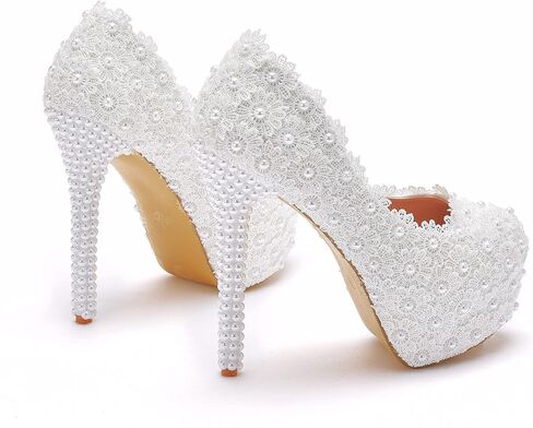 الدانتيل الأبيض أحذية الزفاف الزفاف الكعب رقيقة جولة اصبع القدم منصة مضخات الدانتيل الأبيض أحذية الزفاف أحذية عالية الكعب in Kuwait