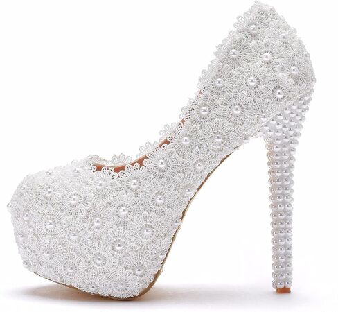 الدانتيل الأبيض أحذية الزفاف الزفاف الكعب رقيقة جولة اصبع القدم منصة مضخات الدانتيل الأبيض أحذية الزفاف أحذية عالية الكعب in Kuwait