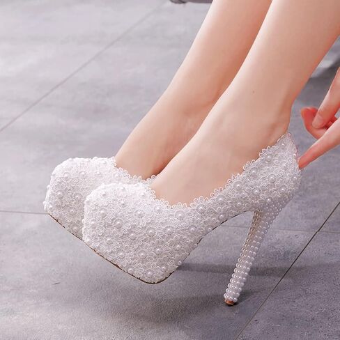 الدانتيل الأبيض أحذية الزفاف الزفاف الكعب رقيقة جولة اصبع القدم منصة مضخات الدانتيل الأبيض أحذية الزفاف أحذية عالية الكعب in Kuwait