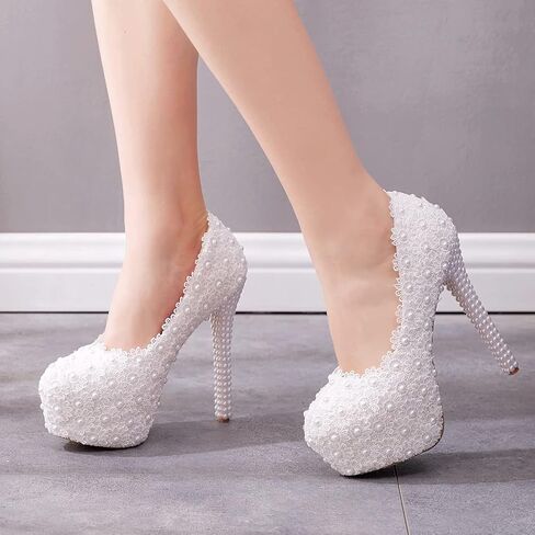 الدانتيل الأبيض أحذية الزفاف الزفاف الكعب رقيقة جولة اصبع القدم منصة مضخات الدانتيل الأبيض أحذية الزفاف أحذية عالية الكعب in Kuwait