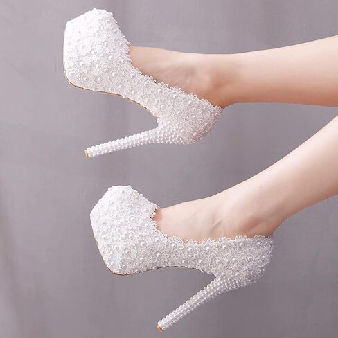 الدانتيل الأبيض أحذية الزفاف الزفاف الكعب رقيقة جولة اصبع القدم منصة مضخات الدانتيل الأبيض أحذية الزفاف أحذية عالية الكعب in Kuwait