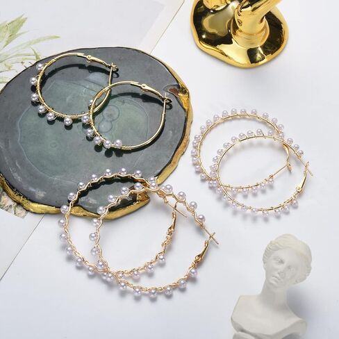 Faux Pearl Hoop Earrings for Women Lightweight Open Large Circle Heart Dangle Drop Open Huge Earrings Artificial Pearl Beaded Earrings Brides Jewelry in Saudi Arabia