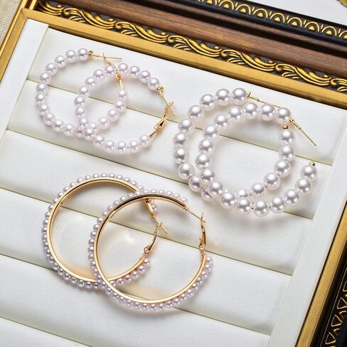 Faux Pearl Hoop Earrings for Women Lightweight Open Large Circle Heart Dangle Drop Open Huge Earrings Artificial Pearl Beaded Earrings Brides Jewelry in Saudi Arabia