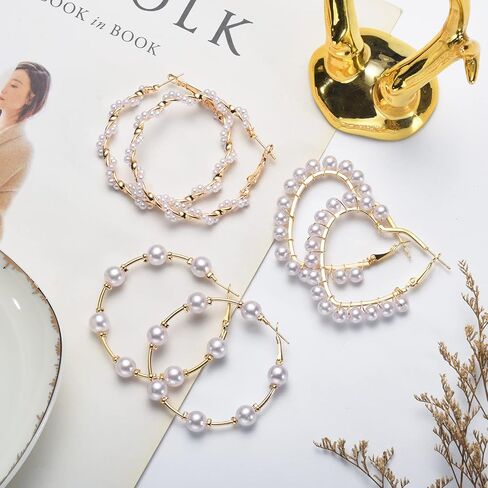 Faux Pearl Hoop Earrings for Women Lightweight Open Large Circle Heart Dangle Drop Open Huge Earrings Artificial Pearl Beaded Earrings Brides Jewelry in Saudi Arabia