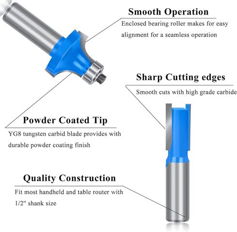 TAIWAIN 1/2 شانك راوتر بت مجموعة 43 قطعة، مستديرة فوق لوحة باب خزانة السكك الحديدية وبتات راوتر ستايل، أداة طحن الخشب، أداة قطع اللسان الأخدود للأعمال الخشبية (R-T05) in Kuwait