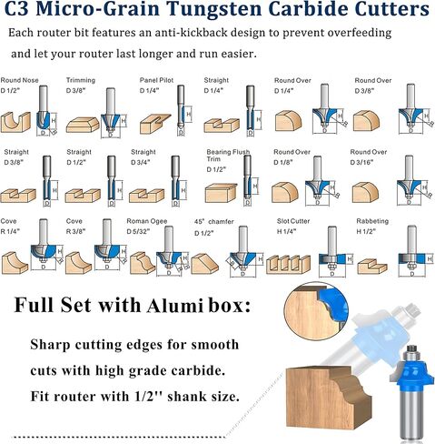 TAIWAIN 1/2 شانك راوتر بت مجموعة 43 قطعة، مستديرة فوق لوحة باب خزانة السكك الحديدية وبتات راوتر ستايل، أداة طحن الخشب، أداة قطع اللسان الأخدود للأعمال الخشبية (R-T05) in Kuwait