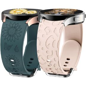 2 Pack No Gap Floral Engraved Bands Compatible with Samsung Galaxy Watch 6/5/4 Band 40mm 44mm, Samsung Galaxy Watch 6 4 Classic 5 Pro Band, Leopard Soft Silicone Sport Strap for Women