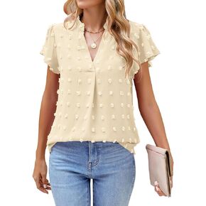 MIRALUNA Womens Tops Dressy Casual Blouses Summer Chiffon Tops Short Sleeve Blouses V Neck Dressy Swiss Dot Tops for Women