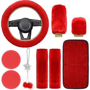 9 Pieces Fluffy Car Accessories Set Fluffy Steering Wheel Covers for Women Soft Fleece Handbrake Cover Shift Cover Bling Mirror Car Trim Fuzz Warm Non-Slip Car Decoration Short Hair (Pink 9)