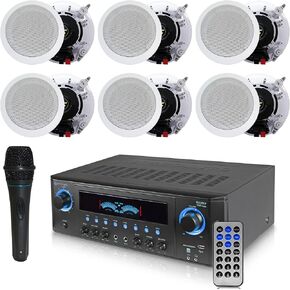 Technical Pro 1000 Watts Professional Home Theater Receiver System Kit w Portable Microphone with Digital Processing and Remote 6 Qty of 5.25" Ceiling Wall Mount Framed Speakers