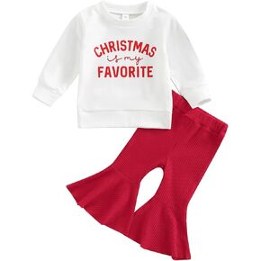 VISGOGO Baby Girl Christmas Outfits Bell-Bottoms Santa Long Sleeve Letter Romper Flare Pants Headband Set