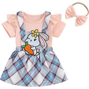 Newborn Infant Baby Girl Easter Outfit Ruffle Romper 3D Bunny Suspender Skirt Set Headband My First Easter Outfits