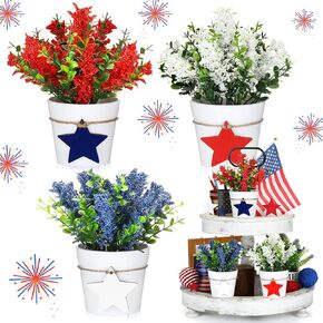 Jexine 3 Set 4th of July Small Fake Plants Mini Artificial Potted Plants Memorial Day Artificial Plants Table Tiered Tray Farmhouse Home Shelf Bathroom Plants Kitchen Decor and Accessories