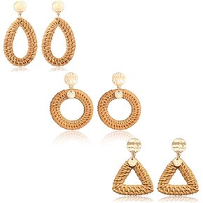 Rattan Hoop Earrings Woven Handmade Straw Circle Drop Earrings Hammered Disc Stud Wicker Bohemian Lightweight Earrings for women in Kuwait