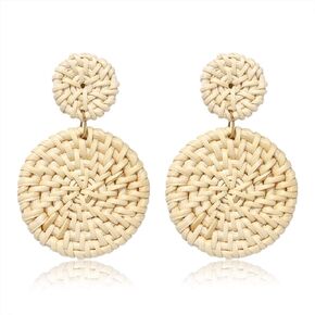 Rattan Hoop Earrings Woven Handmade Straw Circle Drop Earrings Hammered Disc Stud Wicker Bohemian Lightweight Earrings for women