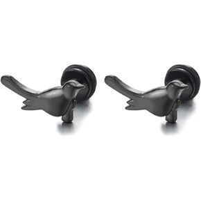 Pair Mens Womens Stainless Steel Black Bird Stud Earrings, Screw Back
