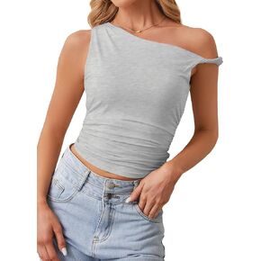 Off The Shoulder Tops for Women Asymmetrical Twist Strap One Shoulder Crop Tank Top Sleeveless Going Out Ruched Shirt