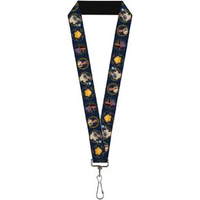 Buckle-Down Disney Lanyard, Wish Character Poses Navy Golds, Elastic