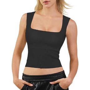PINKSAVIOR Women Square Neck Crop Tops Trendy Tank Tops with Built in Bras Seamless Sleeveless Summer Tank Tops 2024
