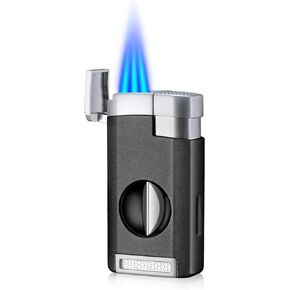Cigar Lighter, Triple Jet Flame Torch Lighter with Cigar Cutter V Cut, Cigar Accessories Cigar Holder, Windproof Refillable Butane Lighters for Smoking with Gift Box (Black)